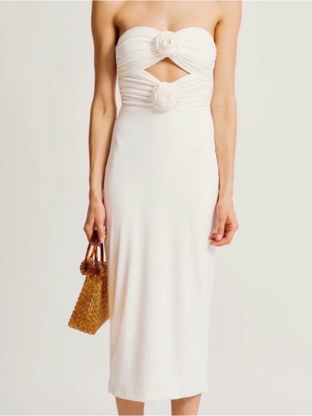 Torn by Ronny Kobo Selena Strapless Cutout Rosette  Midi Dress in Ivory